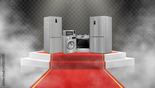 Illuminated podium or Pedestal with red path and household appliances: microwave oven, washing machine, refrigerator, stove, ,TV, dishwasher, kitchen hood. Realistic 3D vector