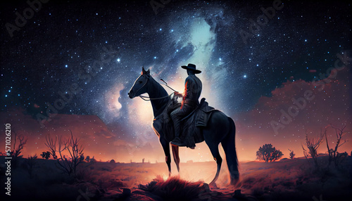 A cowboy sitting on a horseback in the wild west praire with galaxy above his head, generative ai photo