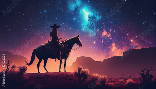 A cowboy sitting on a horseback in the wild west praire with galaxy above his head  generative ai