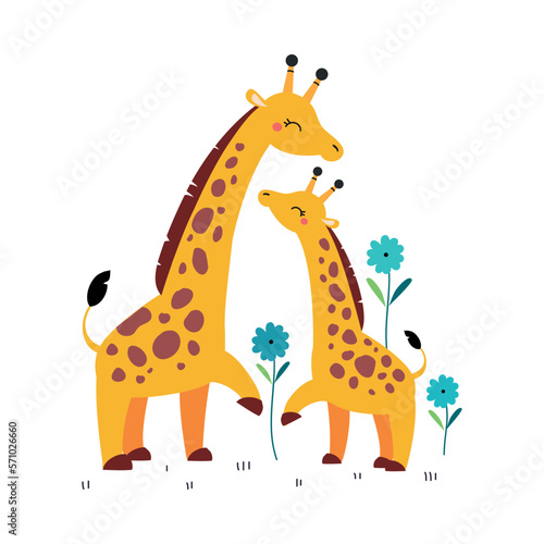 Giraffe family. Cute mom camelopard with her baby cartoon vector illustration