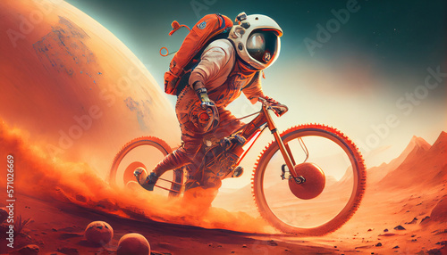 Astronaut riding a bicycle on mars, generative ai © TheGoldTiger
