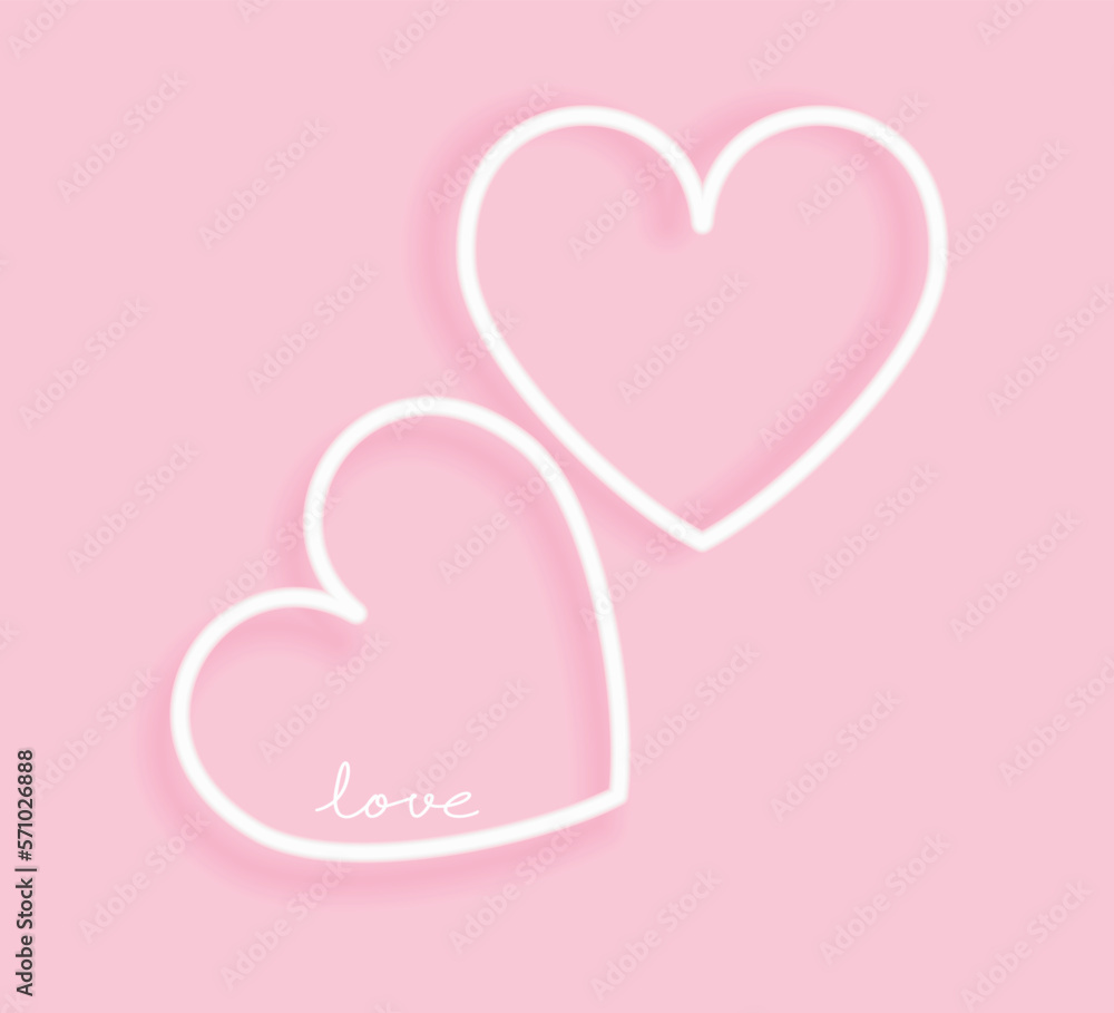 Cute Valentine's Day Vector Card with White Glowing Neon Hearts on a Pastel Pink Background. Modern Romantic Print with White Love Symbol ideal for Card, Wall Art, Poster.