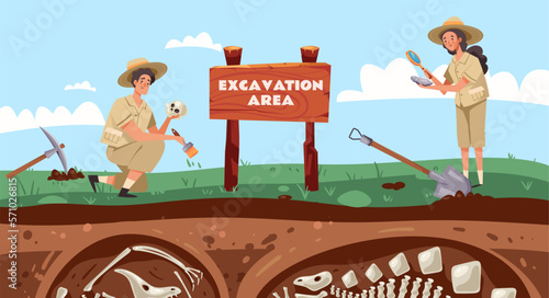 Archeologist people excavation fossil bone concept. Vector graphic design illustration