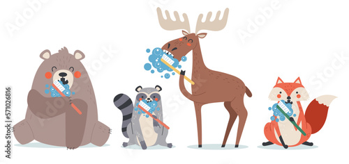 Animal wash clean teeth cute isolated characters. Dental toothbrush healthy concept. Vector graphic design illustration