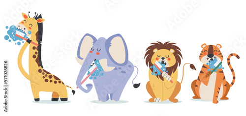 Animal wash clean teeth cute isolated characters. Dental toothbrush healthy concept. Vector graphic design illustration