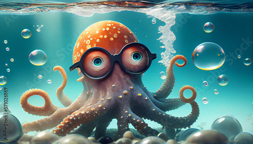 Cute snorkeling octopus in the sea with cute glasses, generative ai