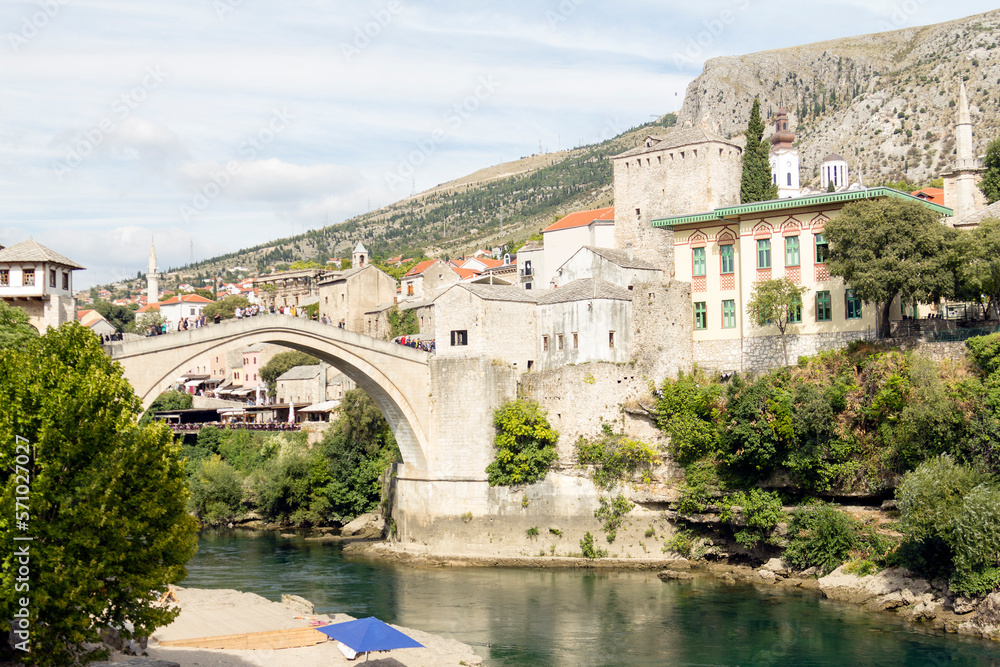 View of the old bridge in the city of Mostar and the Neretva river