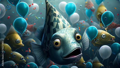 Happy but surprised fish on an underwather party with another fishes and funny celebration hat, generative ai photo
