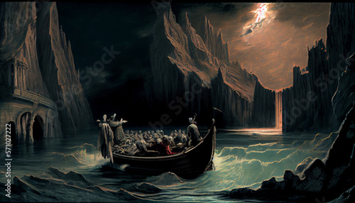 Charons ferry crossing the river  dark visualisation after death by mithology  generative ai