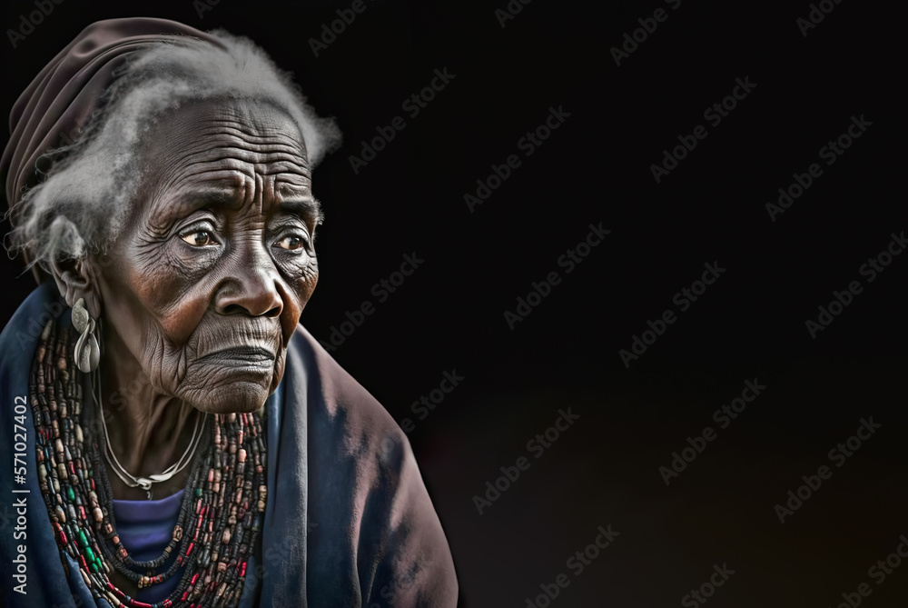 Portrait of an old person with wrinkles, older senior elderly black woman with sad eyes. Image created with generative ai Portrait of an old person with wrinkles, older senior elderly black woman with sad eyes. Image created with generative ai