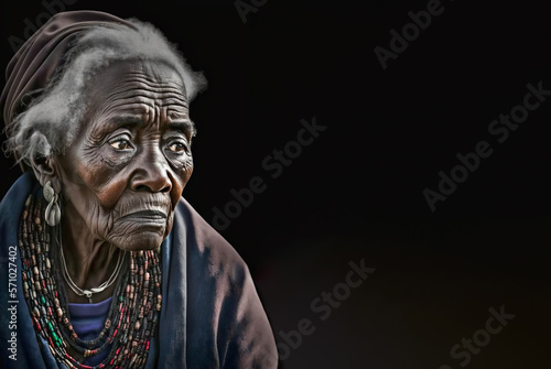 Portrait of an old person with wrinkles, older senior elderly black woman with sad eyes. Image created with generative ai