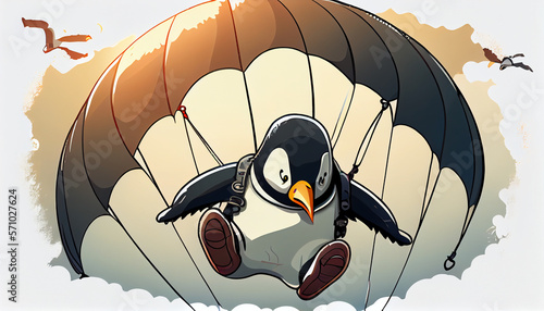 Penguin jumping from a plane with parachute, generative ai