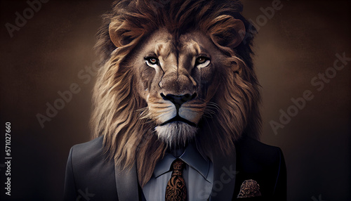 Portrait of a lion with a crown dressed in a formal business suit  generative ai