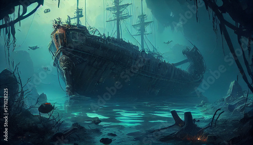 Underwater shipwreck in a ship graveyard, generative ai
