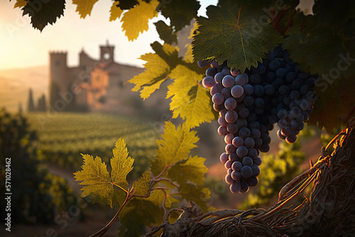 Delicious grapes in picturesque vineyard. Based on Generative AI