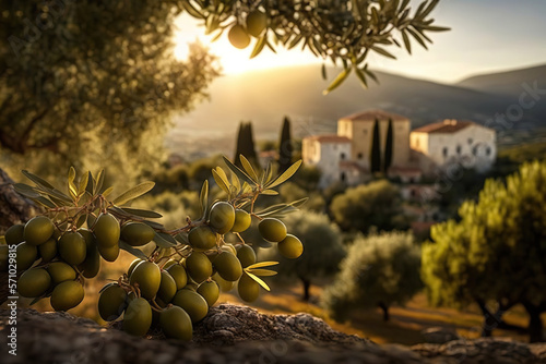 Delicious olives in picturesque olive grove. Based on Generative AI