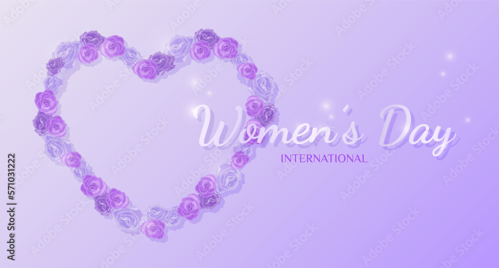 Happy women's day banner with heart of purple roses.