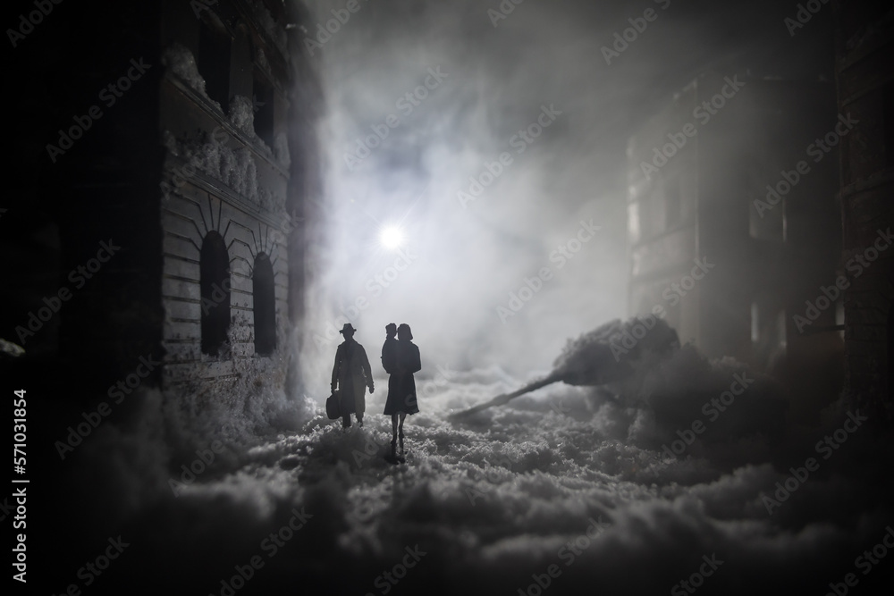 Nuclear war apocalypse concept. Explosion of nuclear bomb in city. City destroyed by atomic war. Creative artwork decoration in dark. Nuclear war apocalypse concept. Explosion of nuclear bomb in city. City destroyed by atomic war. Creative artwork decoration in dark.
