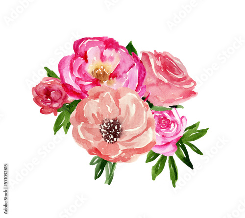 Watercolor bouquet of spring flowers of pink and red peonies and roses illustration