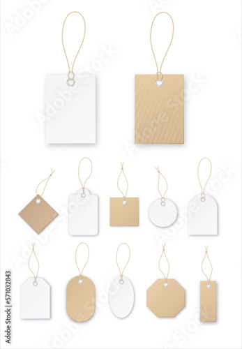Set of tags or sale vector shopping labels with rope . White paper and brown kraft realistic material. Flat design isolated vector