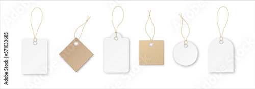 Set of tags or sale vector shopping labels with rope . White paper and brown kraft realistic material. Flat design isolated vector