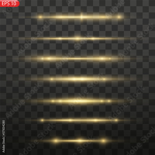 Glow lines set. Gold light effect on transparent background. Bright luxury flares. Horizontal energy lines. Yellow flashes for poster or banner. Vector illustration.
