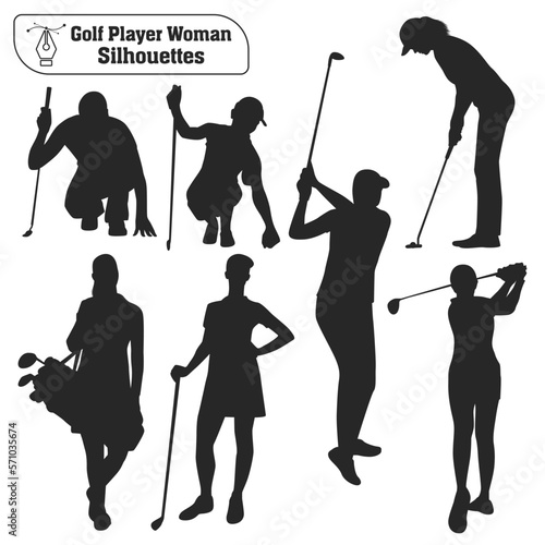 Vector collection of golf player female silhouettes in different poses
