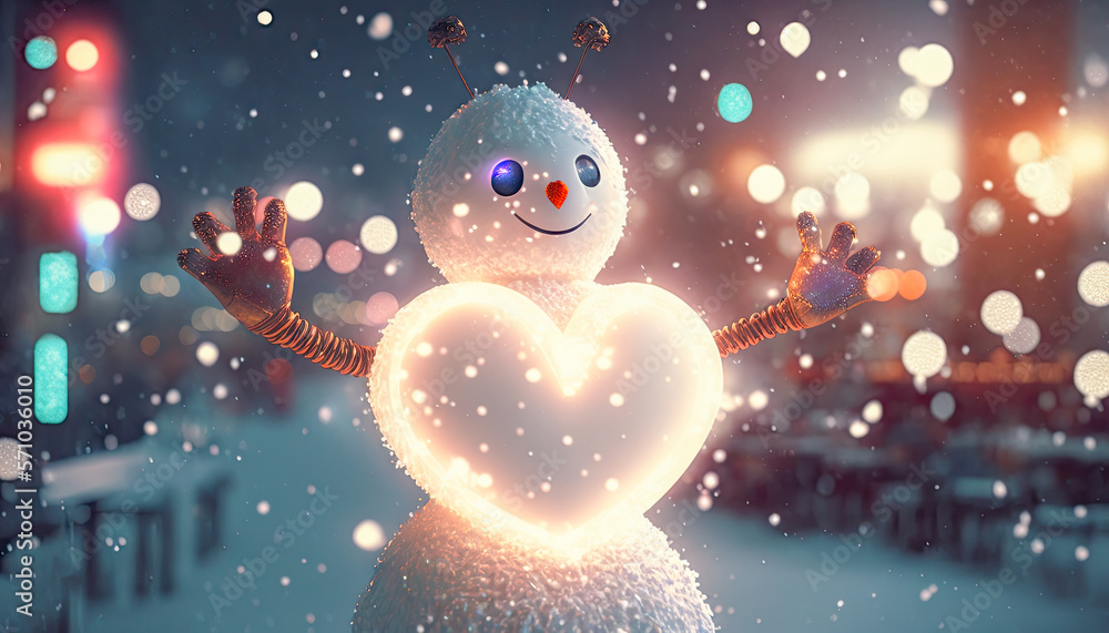 snowman with sparkling heart on the street snowman with sparkling heart on the street