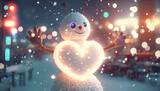 snowman with sparkling heart on the street