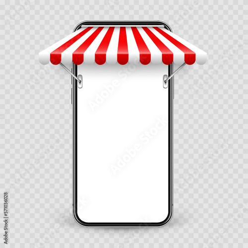 Smartphone with shop sunshade and metal mount, online internet shopping. Realistic red striped cafe awning. Outdoor market tent. Roof canopy. Summer street store. Vector illustration