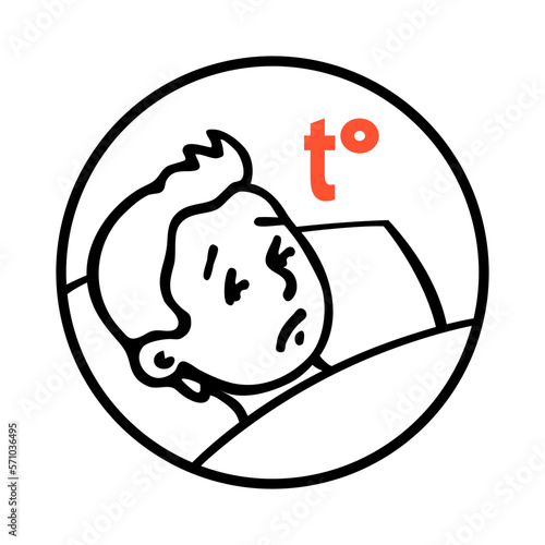 Boy child lies in bed with high temperature. Viral cold disease, a symptom of the disease. Pediatrics and treatment. Cartoon vector art illustration. Hand drawn outline sketch black and white