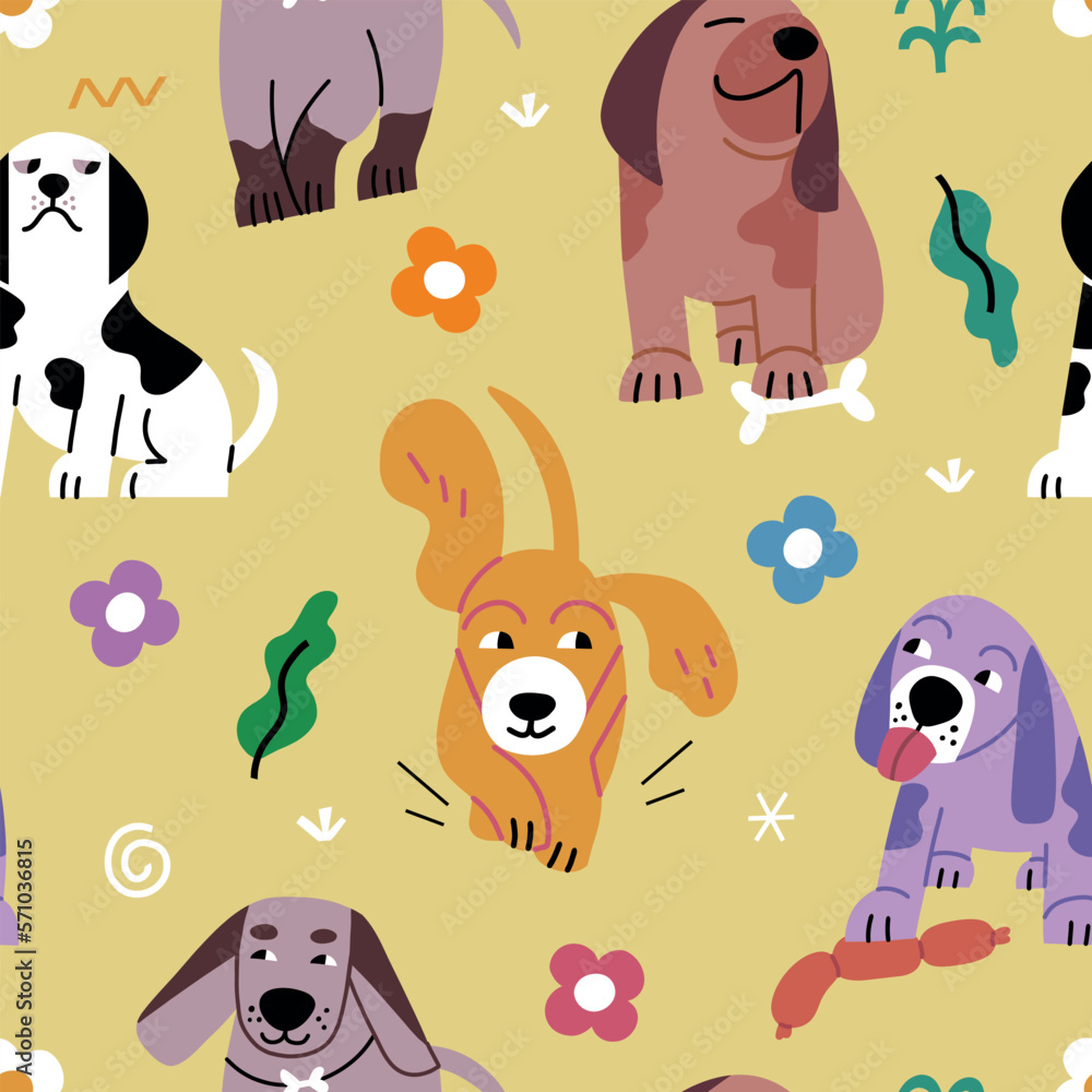 Seamless pattern with dogs in different poses. Vector bright background of pets. Bright colors. Seamless pattern with dogs in different poses. Vector bright background of pets. Bright colors.