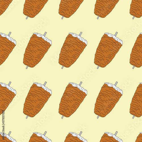 Shawarma Kebab pattern fast food. Seamless pattern. Concept of doner kebab, street food, barbecue, cuisine. Vintage design template, banner. Fresh vegetables. Vector hand drawn sketch illustration.