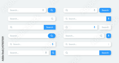 Various search bar templates. Internet browser engine with search box, address bar and text field. UI design, website interface element with web icons and push button. Vector illustration