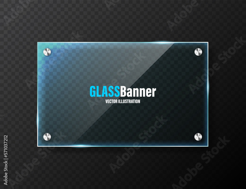 Realistic glass frame with metal holders. Blue transparent glass banner with flares and highlights. Glossy acrylic plate, element with light reflection and place for text. Vector illustration