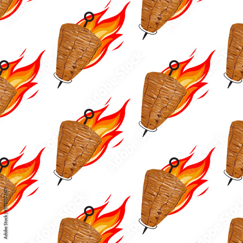 Shawarma Kebab pattern fast food. Seamless pattern. Concept of doner kebab, street food, barbecue, cuisine. Vintage design template, banner. Fresh vegetables. Vector hand drawn sketch illustration.