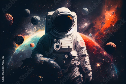 Background of an astronaut with planets in space. Generative AI