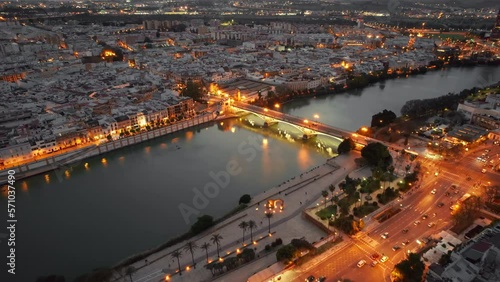 Aerial view of the Seville cityscape at night, Andalusia region, Spain.
