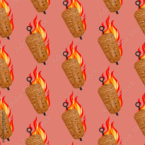 Shawarma Kebab pattern fast food. Seamless pattern. Concept of doner kebab, street food, barbecue, cuisine. Vintage design template, banner. Fresh vegetables. Vector hand drawn sketch illustration.