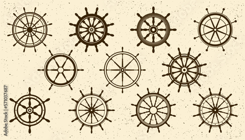 Collection of grunge vintage steering wheels. Ship, yacht retro wheel symbol. Nautical rudder icon. Marine design element. Vector illustration