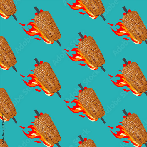 Shawarma Kebab pattern fast food. Seamless pattern. Concept of doner kebab, street food, barbecue, cuisine. Vintage design template, banner. Fresh vegetables. Vector hand drawn sketch illustration.