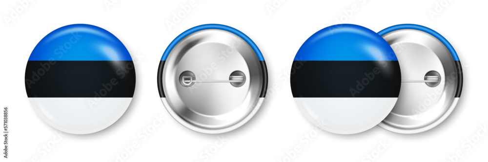 Realistic button badge with printed Estonian flag. Souvenir from Estonia. Glossy pin badge with shiny metal clasp. Product mockup for advertising and promotion. Vector illustration Realistic button badge with printed Estonian flag. Souvenir from Estonia. Glossy pin badge with shiny metal clasp. Product mockup for advertising and promotion. Vector illustration