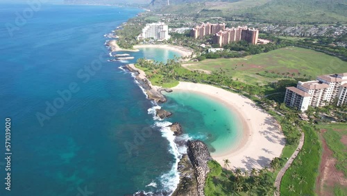 Aerial overhead view of a tropical lagoon resorts on the west coast of Oahu, Hawaii