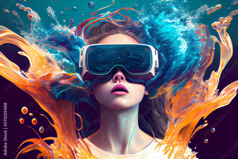 surreal girl with VR glasses immersed in liquid. Generative AI