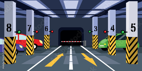 Vector illustration of a panoramic view of an underground parking lot. Cartoon parking lot with parked cars with markings, columns. Underground parking of houses, supermarkets.