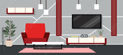 Vector illustration of a modern room interior. Cartoon minimalist living room interior with a comfortable chair, a table, a TV, a bedside table with a clock and books, a shelf, indoor plants.