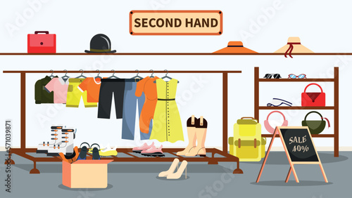 Vector illustration of a second-hand store. A cartoon store with a variety of hangers with clothes, a box with shoes, shelves with accessories. Clothing with discounts