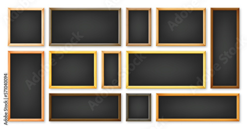 Realistic various chalkboards in a wooden frame. Black restaurant menu board. School blackboard, writing surface for text or drawing. Blank advertising or presentation boards. Vector illustration