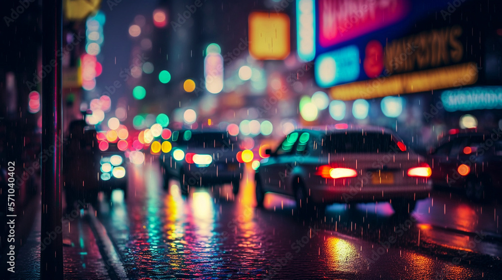 Defocused view of busy night city street at rainy night. Generative AI