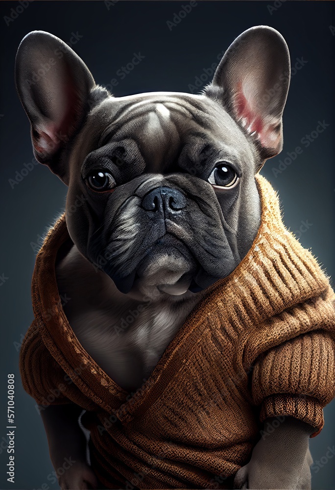 Portrait of a serious dog, a French bulldog, dressed in a brown knitted sweater